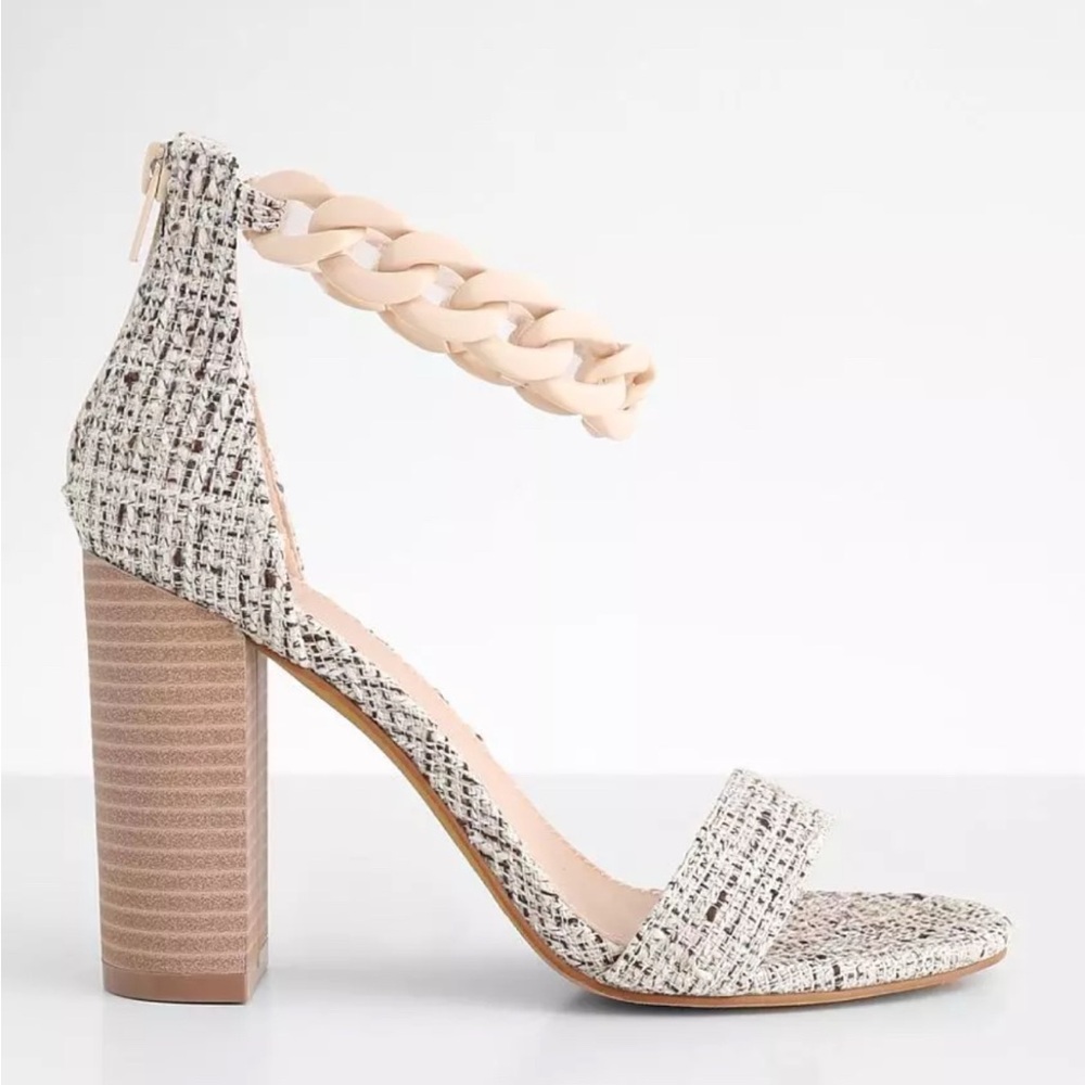 Cream and Tan Heeled Sandals with Chunky Block Heels